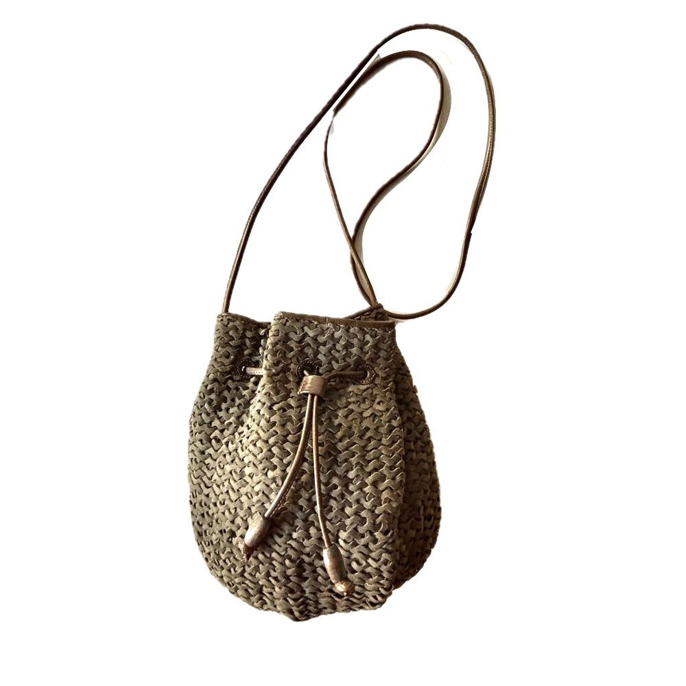 CEM Woven Leather Small Hobo Bag Drawstring Bucket Drawstring Closure Thin Strap